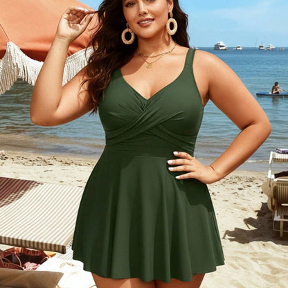 Plus Size Olive Green V-Neck Swim Dress