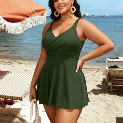 Plus Size Olive Green V-Neck Swim Dress