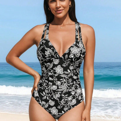 Black and White Floral Halter V-Neck One-Piece Swimsuit