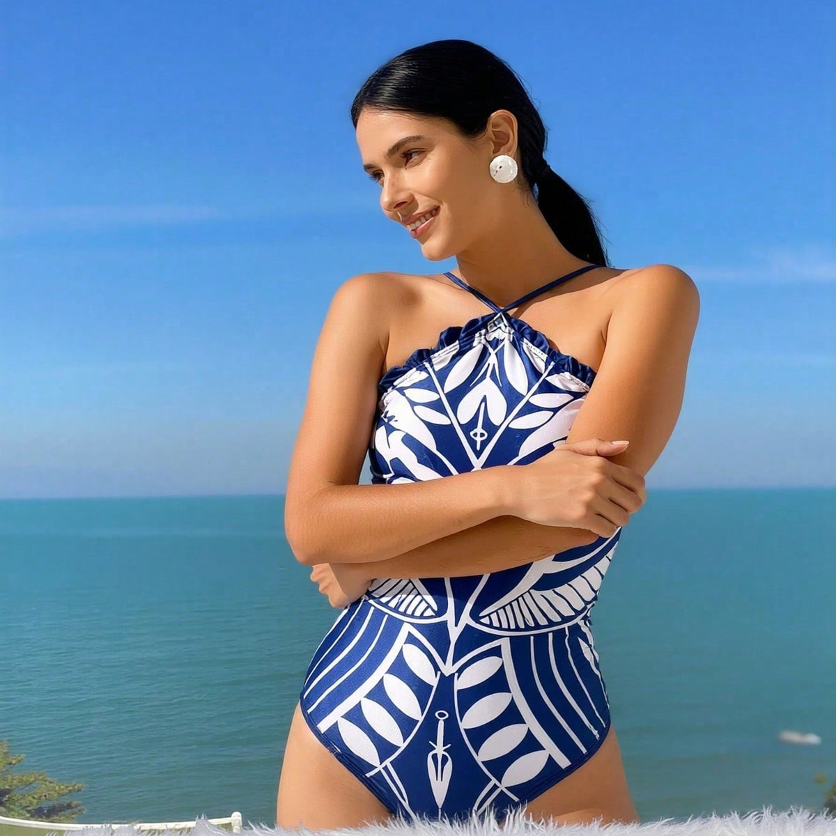 Blue Print Halter One-Piece Swimsuit
