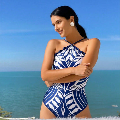 Blue Print Halter One-Piece Swimsuit