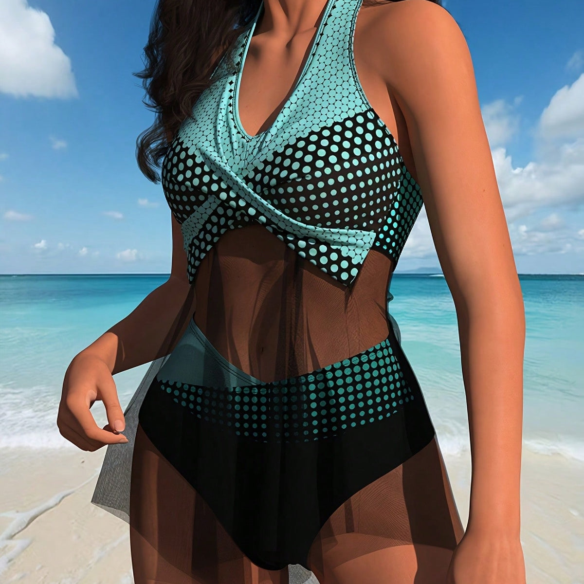 Polka Dot Mesh Halter One-Piece Swimsuit