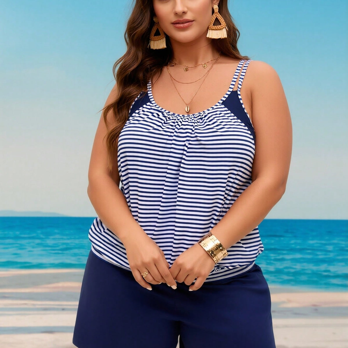 New Summer Nautical Tankini Set - Ladies Double Stripe Shoulder Ruched Flowy Top & Shorts