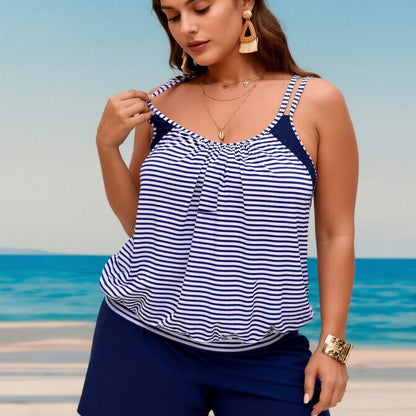 New Summer Nautical Tankini Set - Ladies Double Stripe Shoulder Ruched Flowy Top & Shorts