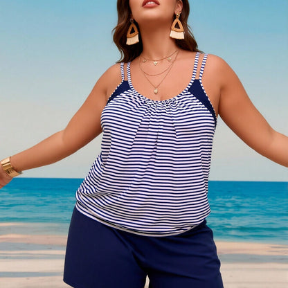New Summer Nautical Tankini Set - Ladies Double Stripe Shoulder Ruched Flowy Top & Shorts
