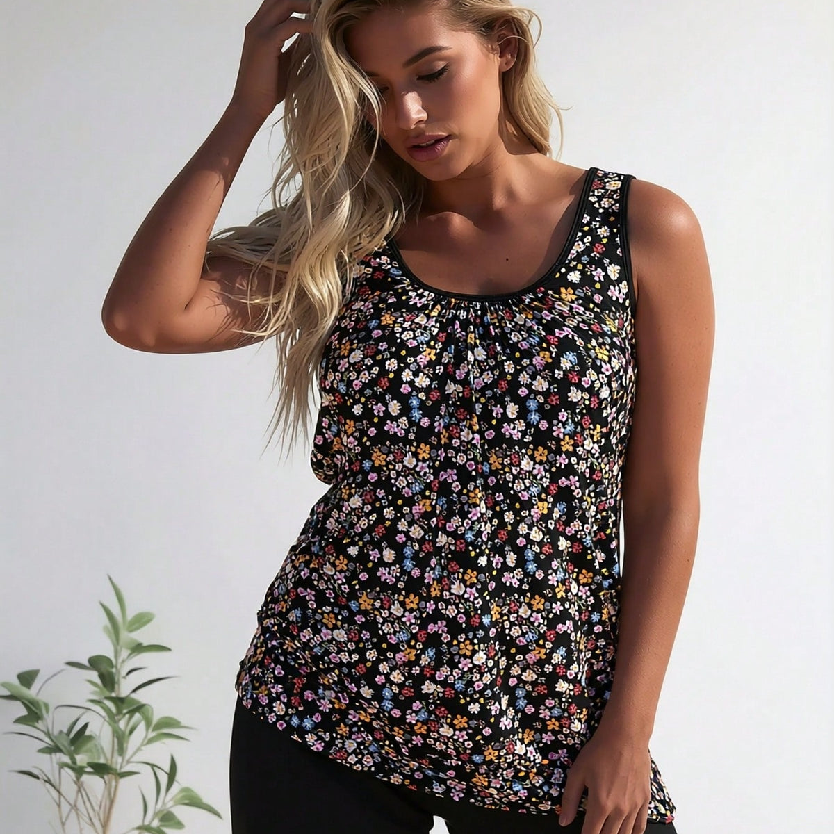New Fashion Swimsuit Women's Black Floral Print Plus Size Tankini +  Set for Sweet Style, Fresh & Slim Fit