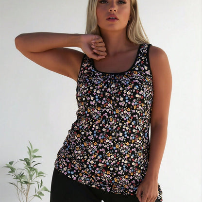 New Fashion Swimsuit Women's Black Floral Print Plus Size Tankini +  Set for Sweet Style, Fresh & Slim Fit