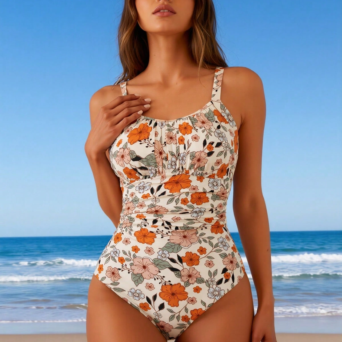 New Women's One-Piece Swimsuit: Cream Base with Vibrant Orange & Pink Floral Print, Ruched Bust Detail, Wide Straps, Modest Beach Style