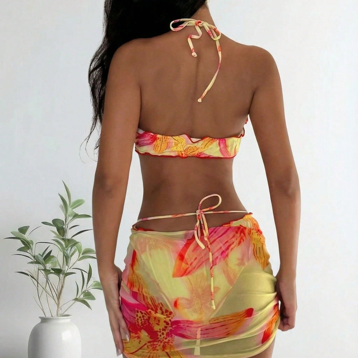 New European Style Sexy Two-Piece Swimwear, Color Block Print & Flower Decor, Mesh Skirt Cover Up Bikini