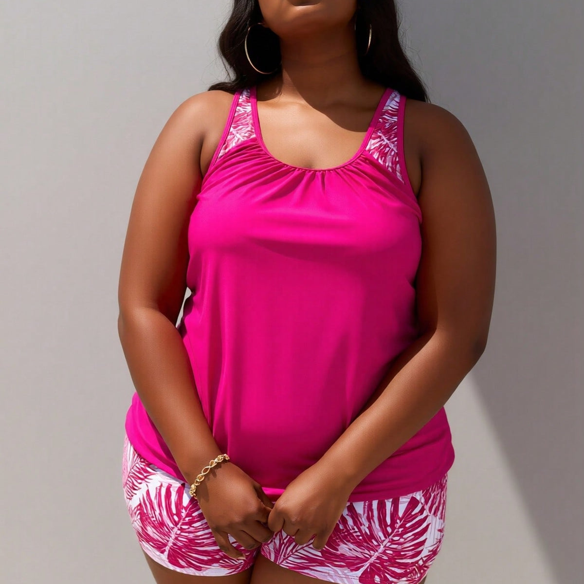 Plus Size Black Palm Leaf Racerback Tankini