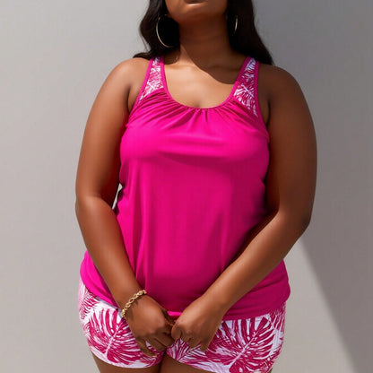 Plus Size Black Palm Leaf Racerback Tankini