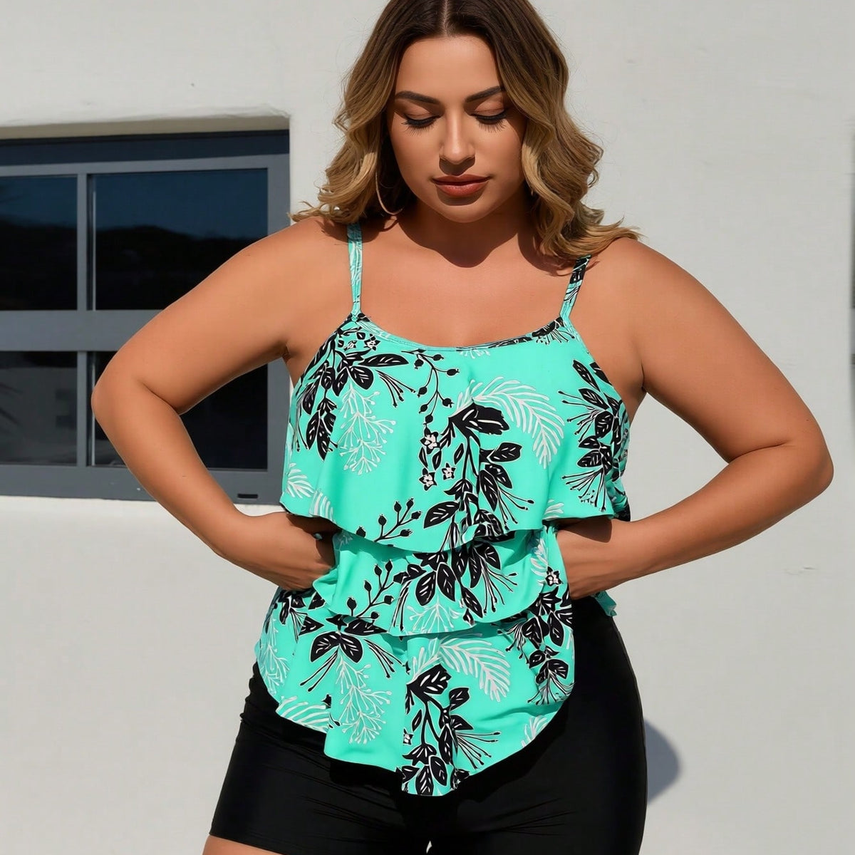 Plus Size Mint Green Floral Ruffle Tankini