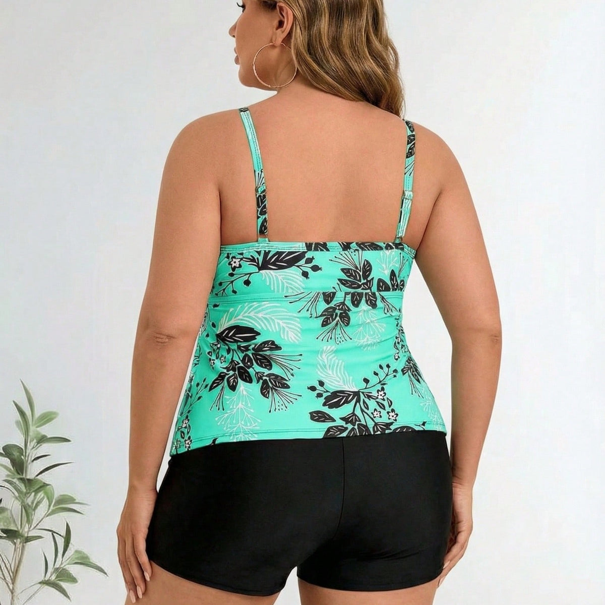 Plus Size Mint Green Floral Ruffle Tankini
