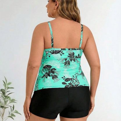 Plus Size Mint Green Floral Ruffle Tankini