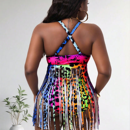 New Plus Size Rainbow Leopard Fringe One-Piece Swimsuit