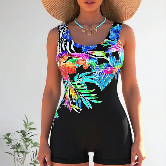 New Black One-Piece Boyleg Swimsuit with Colorful Tropical Floral Print, Scoop Neck Tummy Control Bathing Suit