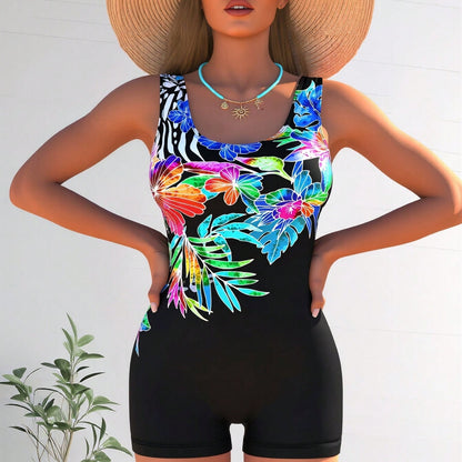 New Black One-Piece Boyleg Swimsuit with Colorful Tropical Floral Print, Scoop Neck Tummy Control Bathing Suit