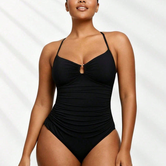Multi-Occasion Plus Size One-Piece - Ruched Black Design, Keyhole Bust, Perfect For Luxury Resorts & Casual Beach Trips