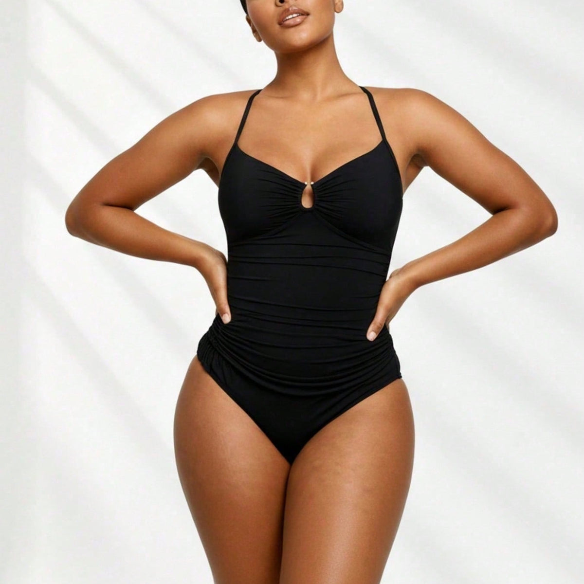 Multi-Occasion Plus Size One-Piece - Ruched Black Design, Keyhole Bust, Perfect For Luxury Resorts & Casual Beach Trips
