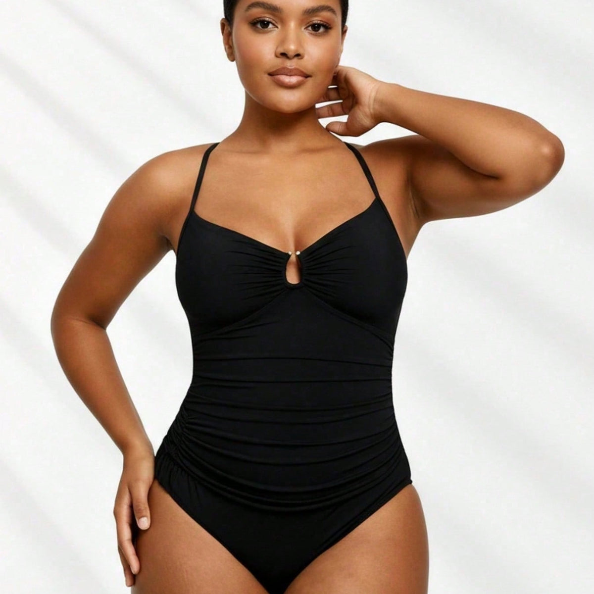 Multi-Occasion Plus Size One-Piece - Ruched Black Design, Keyhole Bust, Perfect For Luxury Resorts & Casual Beach Trips
