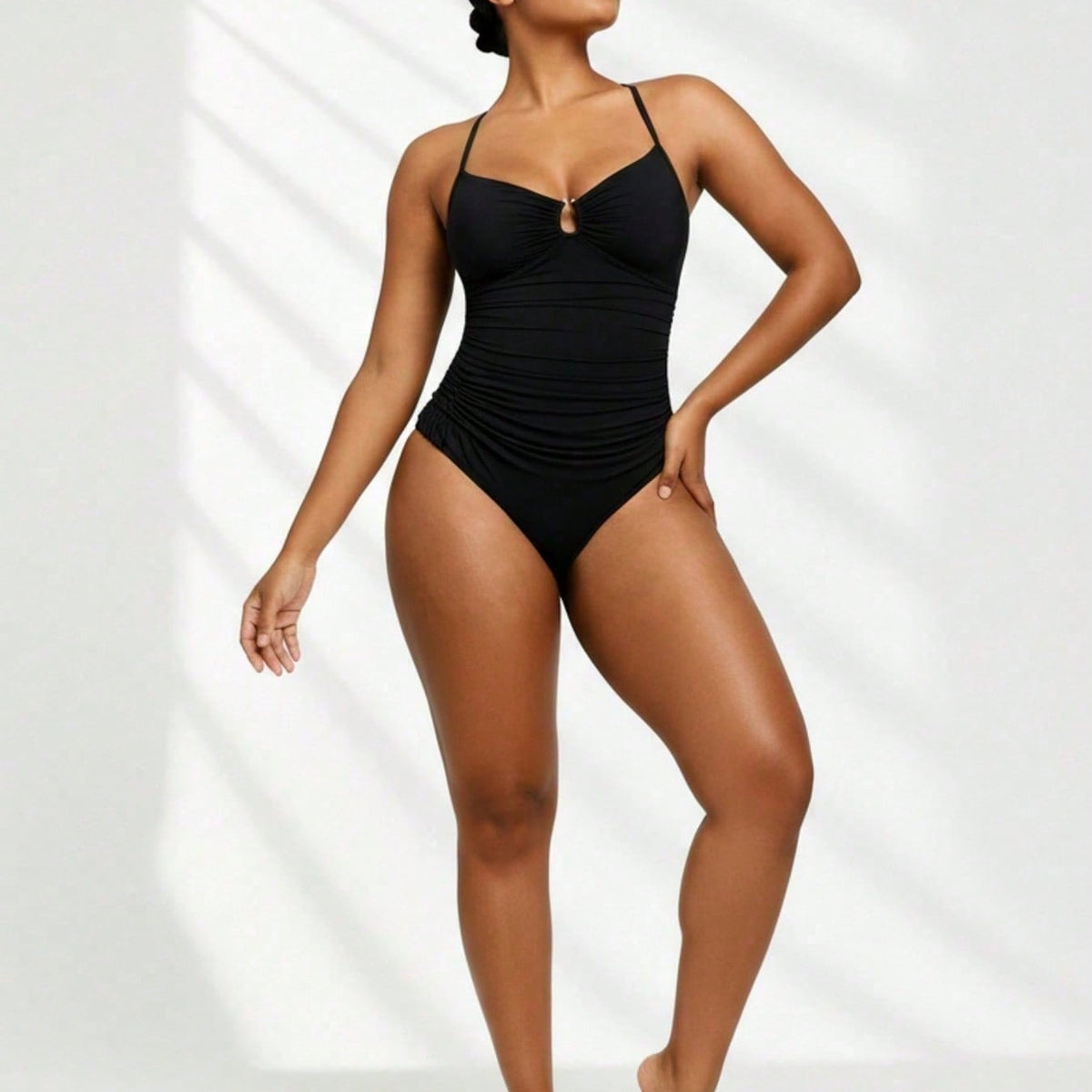 Multi-Occasion Plus Size One-Piece - Ruched Black Design, Keyhole Bust, Perfect For Luxury Resorts & Casual Beach Trips