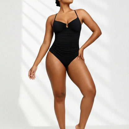 Multi-Occasion Plus Size One-Piece - Ruched Black Design, Keyhole Bust, Perfect For Luxury Resorts & Casual Beach Trips