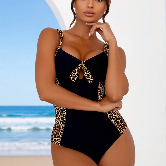 New Leopard Print Paneled One-Piece Swimsuit Women's Black Leopard Side Panel V-Neck Tie Tummy Control Bathing Suit for Beach Vacation, Slim & Flattering