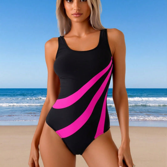 New Sporty One-Piece Swimsuit Women's Black & Pink Color Block Stripe Sleeveless Bathing Suit for Beach Vacation, Tummy Control & Flattering