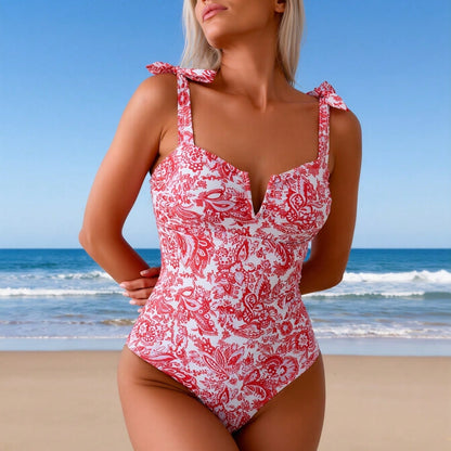 New Women's One-Piece Swimsuit: Red & White Paisley Print, Sweetheart V-Neck, Bow Tie Shoulder Straps, High-Cut Legs, Retro Chic Beach Style
