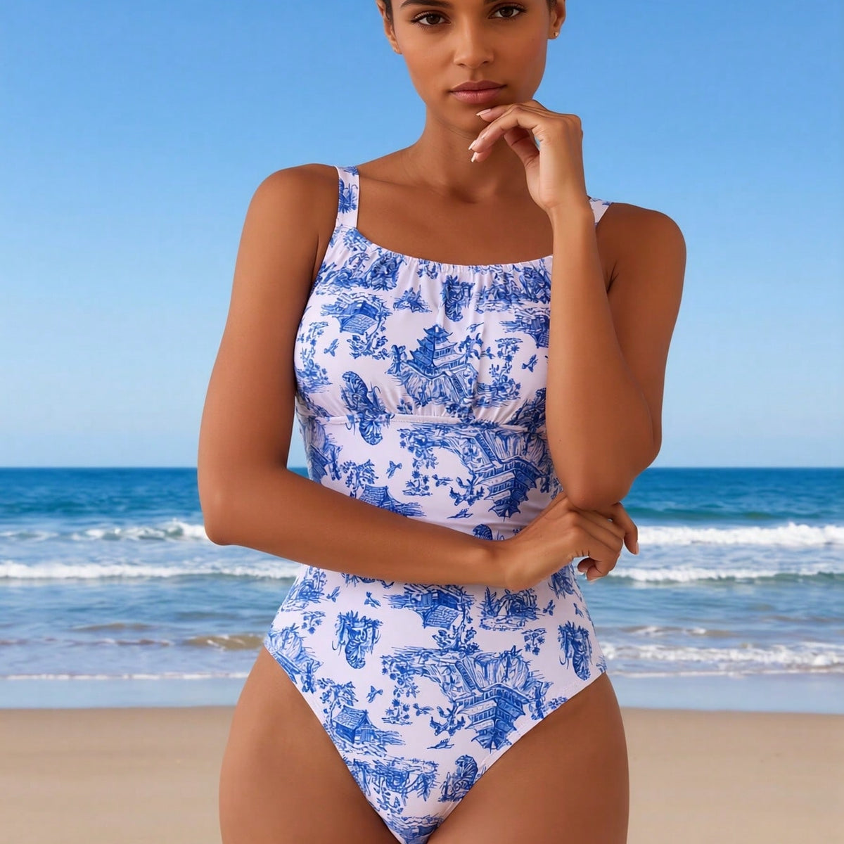 New Women's One-Piece Swimsuit: Blue Toile de Jouy Print, Square Neck, Ruched Bust, High-Cut Legs, French Retro Beach Style