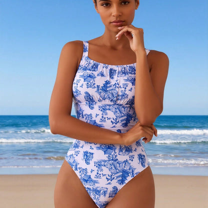 New Women's One-Piece Swimsuit: Blue Toile de Jouy Print, Square Neck, Ruched Bust, High-Cut Legs, French Retro Beach Style