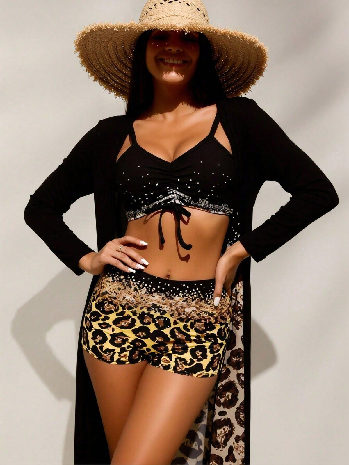 Black Rhinestone Bikini Top, Leopard Shorts and Cover-Up Set