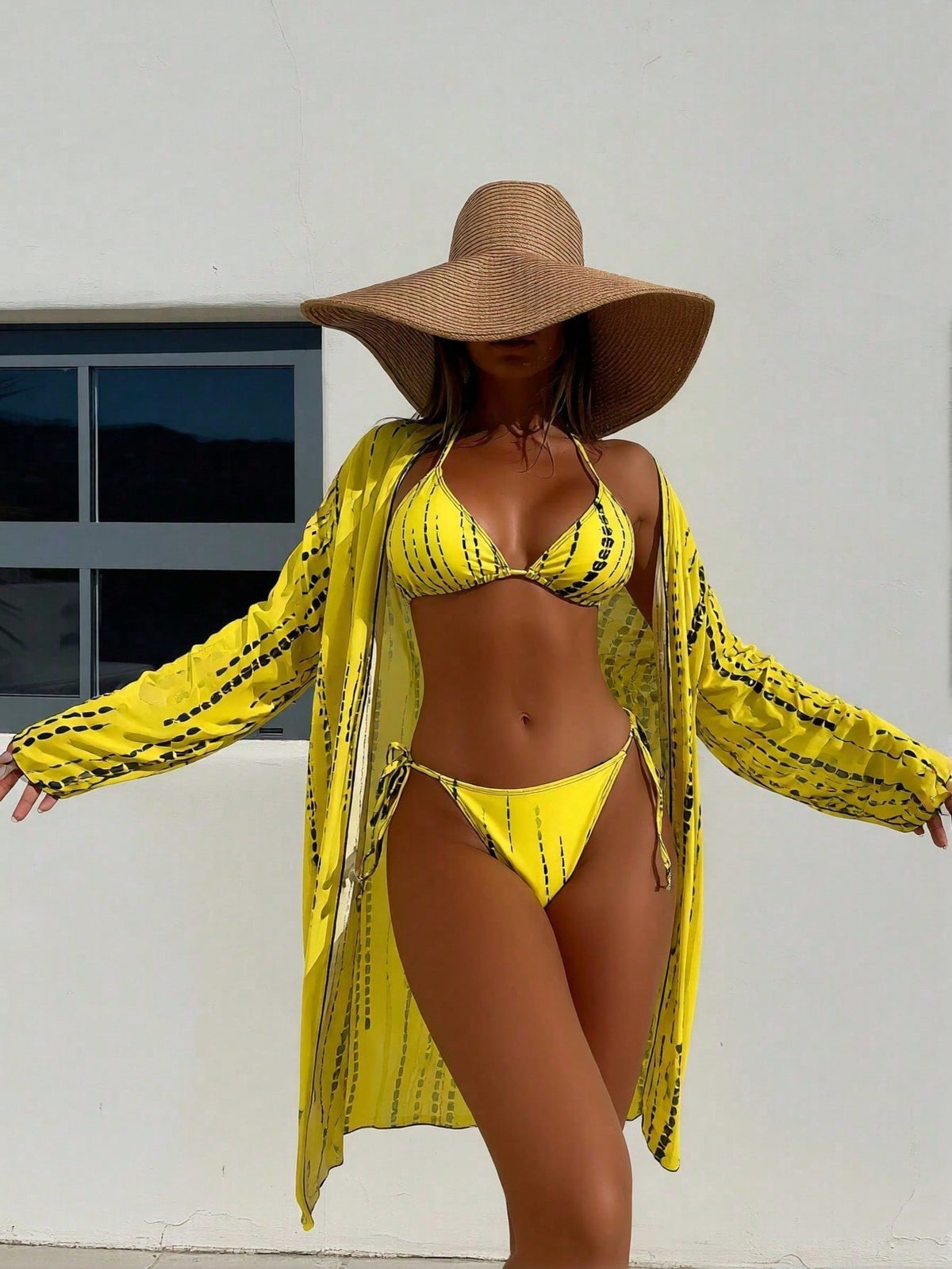 Women's 3-Piece Swimwear Set: Yellow Print Bikini + Sheer Kimono Beach Cover Up