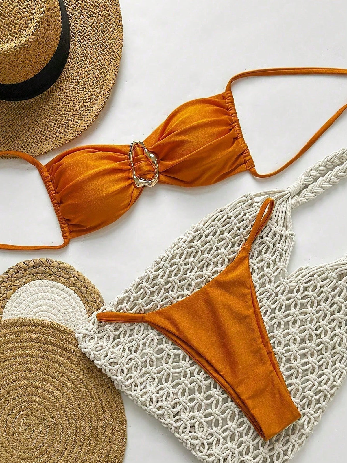 New Caramel Gold Ring Halter Bikini, Shiny Fabric 2 Piece Swimwear