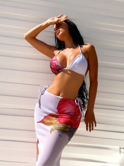 New Watercolor Floral 3 Piece Bikini, Colorblock Halter + Mesh Maxi Skirt Cover Up