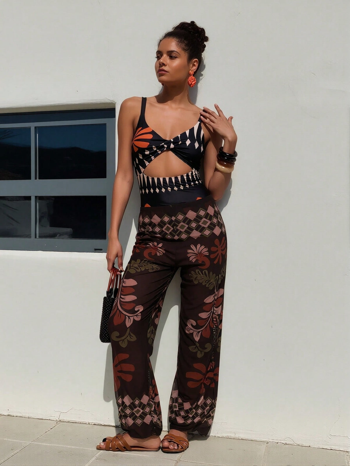 Tropical Cutout Swimsuit and Sheer Cover-Up Pants Set