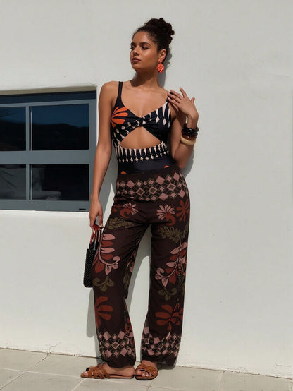 Tropical Cutout Swimsuit and Sheer Cover-Up Pants Set
