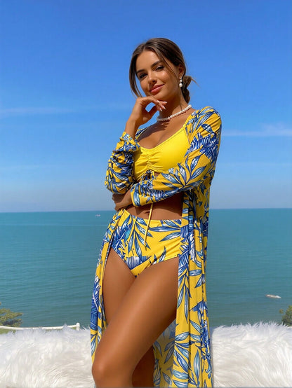 New Tropical Leaf Print Beach Swimsuit Outfit, Spaghetti Strap Ruched Bikini Top Matching Long Cover Up Robe