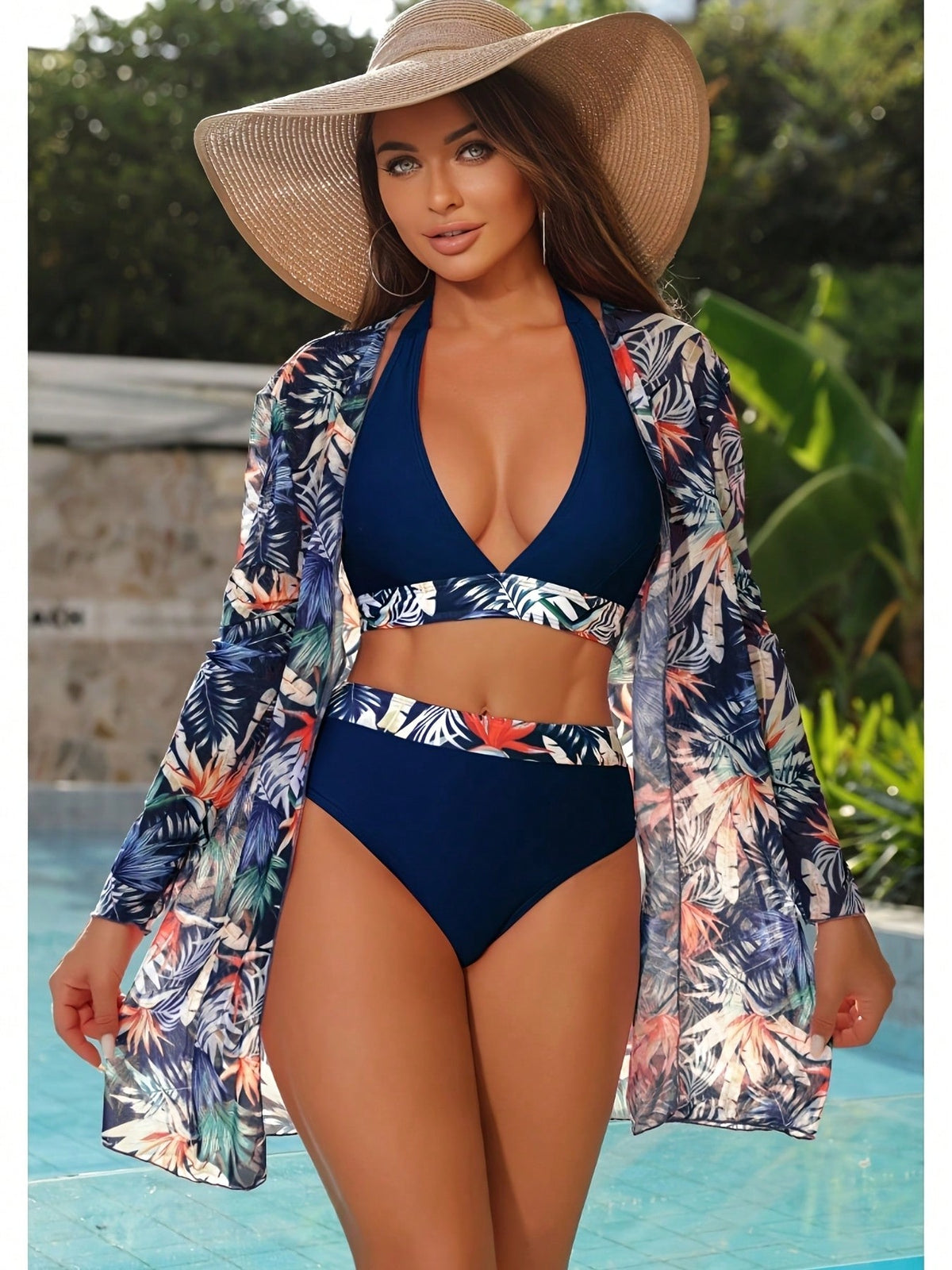 New Tropical Palm Print 3 Piece Bikini Set, Halter Deep V High Waist Bikini with Long Sleeve Mesh Kimono Cover Up
