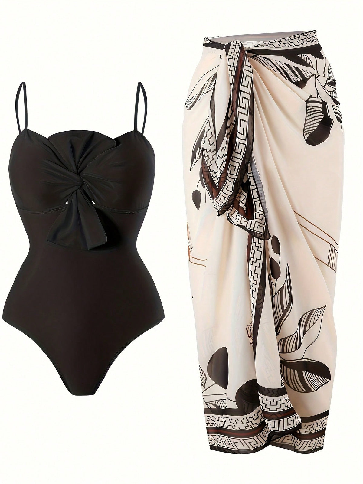 Women's 2 Piece Swimsuit Set Front Bow Spaghetti Strap One Piece Bathing Suit Geometric Leaf Print Wrap Sarong Beach Cover Up Skirt
