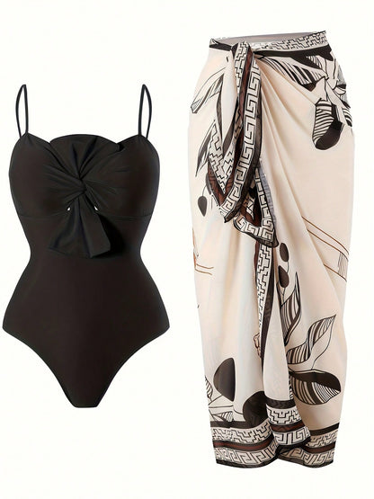 Women's 2 Piece Swimsuit Set Front Bow Spaghetti Strap One Piece Bathing Suit Geometric Leaf Print Wrap Sarong Beach Cover Up Skirt