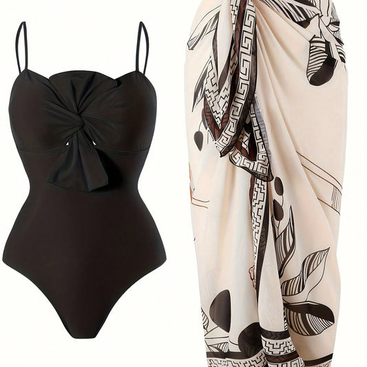 Women's 2 Piece Swimsuit Set Front Bow Spaghetti Strap One Piece Bathing Suit Geometric Leaf Print Wrap Sarong Beach Cover Up Skirt
