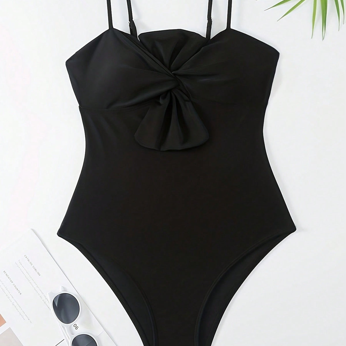 Women's 2 Piece Swimsuit Set Front Bow Spaghetti Strap One Piece Bathing Suit Geometric Leaf Print Wrap Sarong Beach Cover Up Skirt