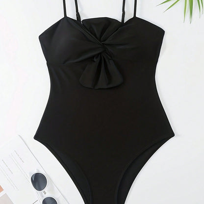 Women's 2 Piece Swimsuit Set Front Bow Spaghetti Strap One Piece Bathing Suit Geometric Leaf Print Wrap Sarong Beach Cover Up Skirt