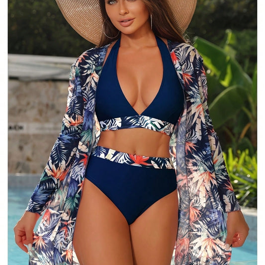 New Tropical Palm Print 3 Piece Bikini Set, Halter Deep V High Waist Bikini with Long Sleeve Mesh Kimono Cover Up