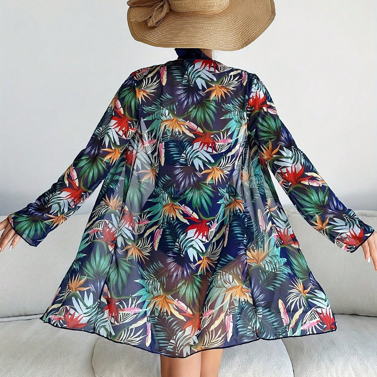 New Tropical Palm Print 3 Piece Bikini Set, Halter Deep V High Waist Bikini with Long Sleeve Mesh Kimono Cover Up