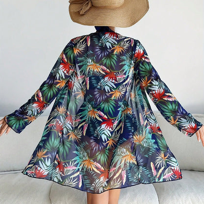 New Tropical Palm Print 3 Piece Bikini Set, Halter Deep V High Waist Bikini with Long Sleeve Mesh Kimono Cover Up