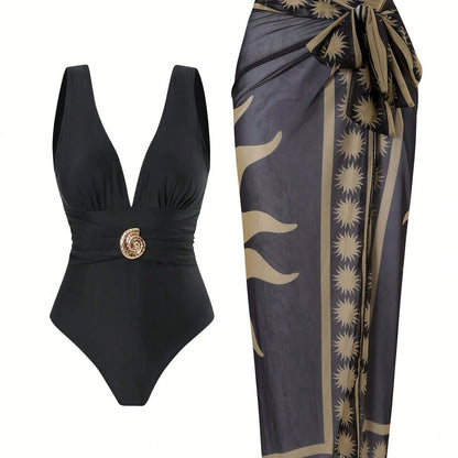 New Elegant Sleeveless V Neck Monokini, Matching Side Tie Printed Long Sarong Vacation Pool Set