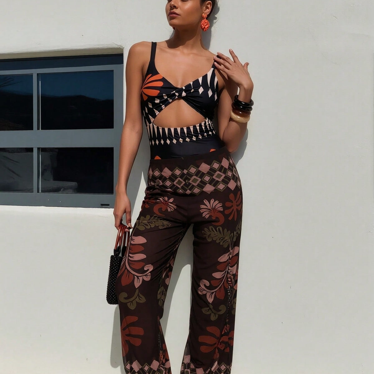 Tropical Cutout Swimsuit and Sheer Cover-Up Pants Set