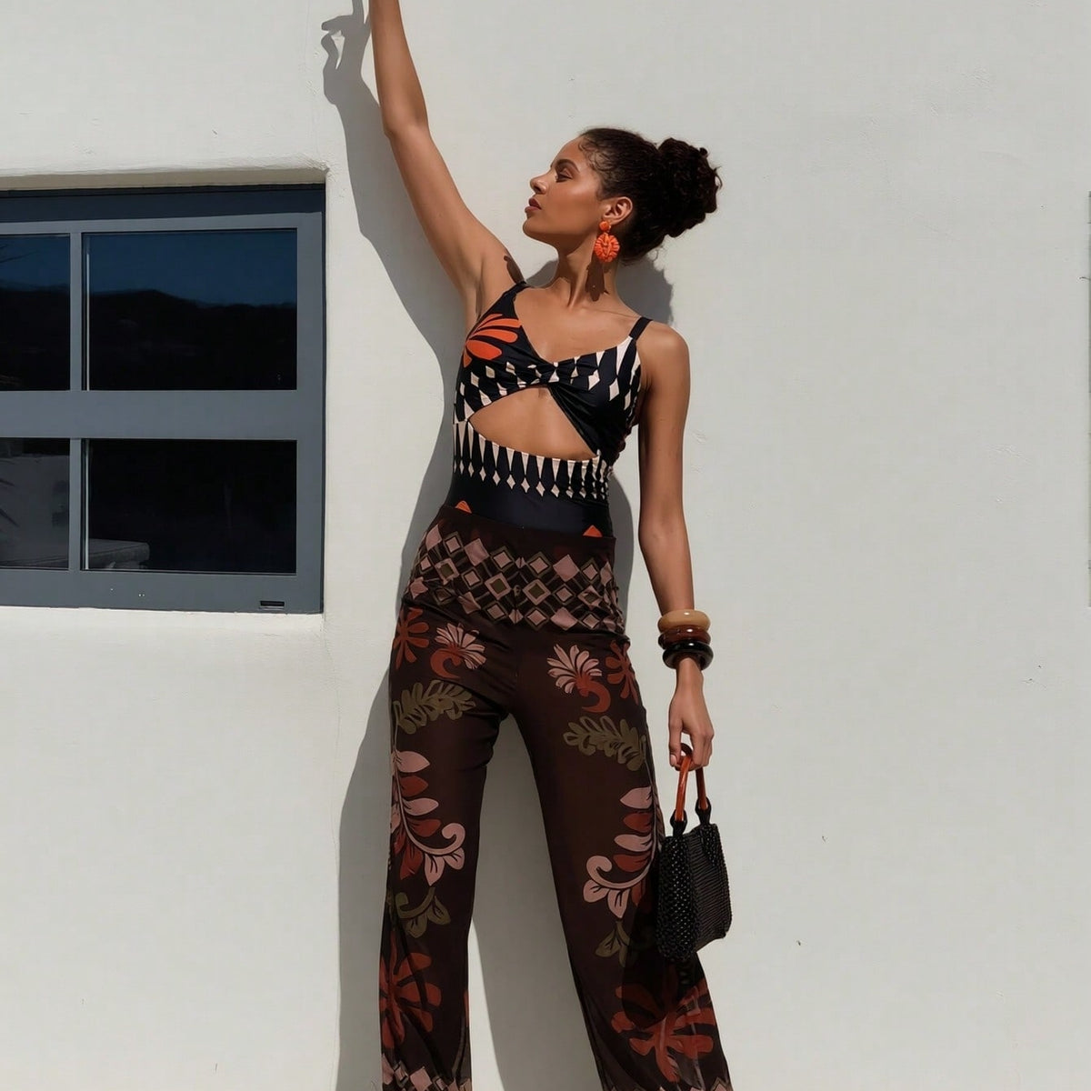 Tropical Cutout Swimsuit and Sheer Cover-Up Pants Set